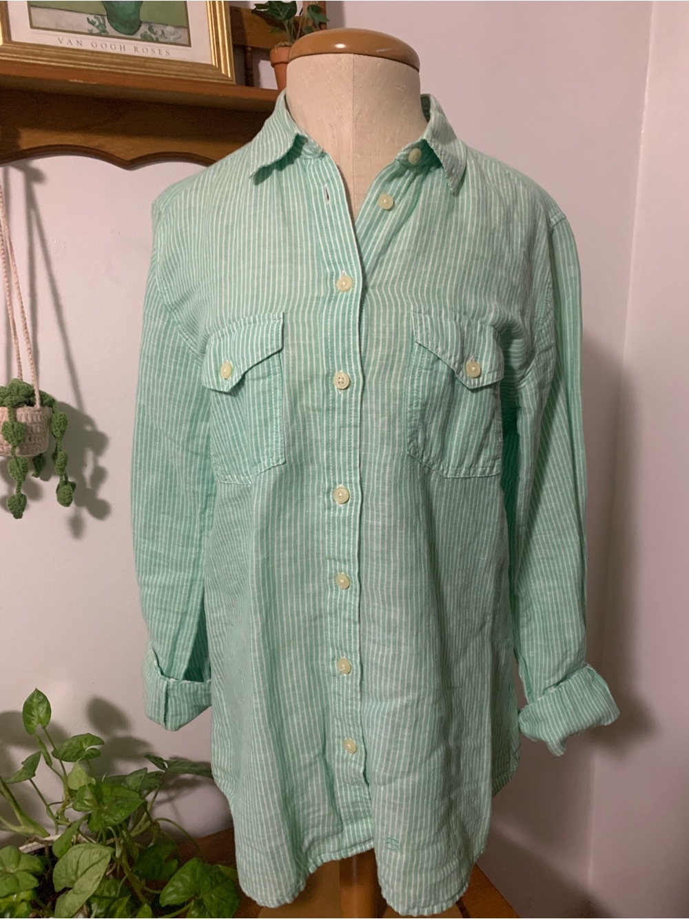 Banana Republic Soft Wash Linen Cotton Mint Green and White Pinstripe Shirt M - Picture 5 of 16